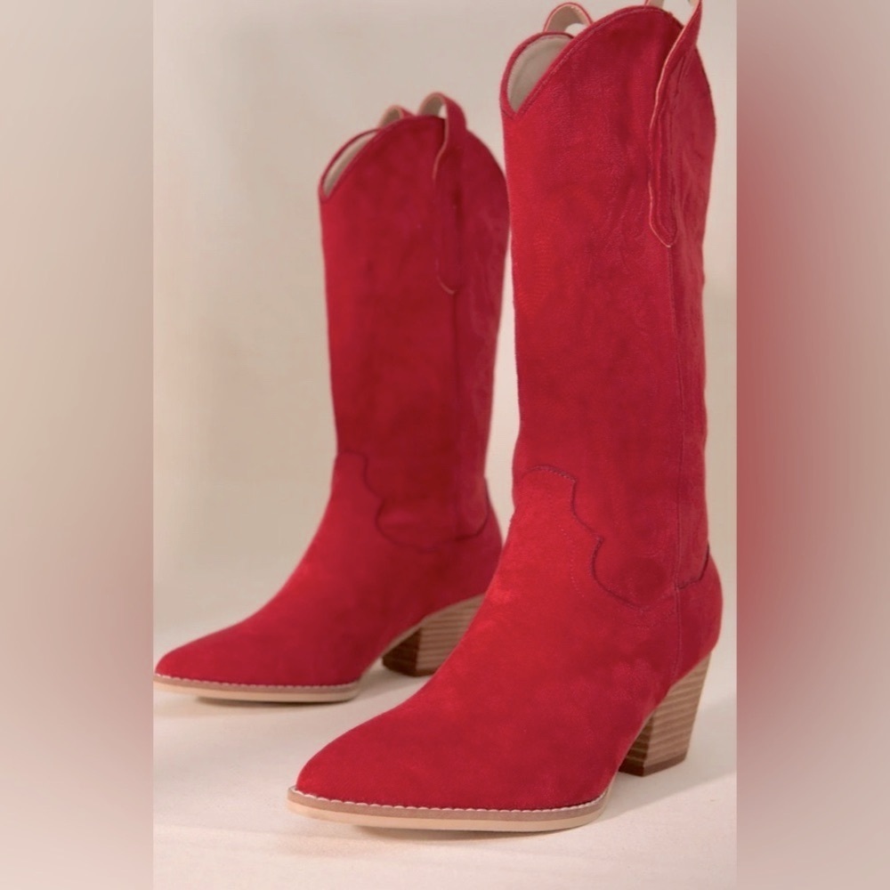 Western Cowgirl Amaya Red Suede Slip-On Pointed Toe Heeled Rodeo Boots 7.5